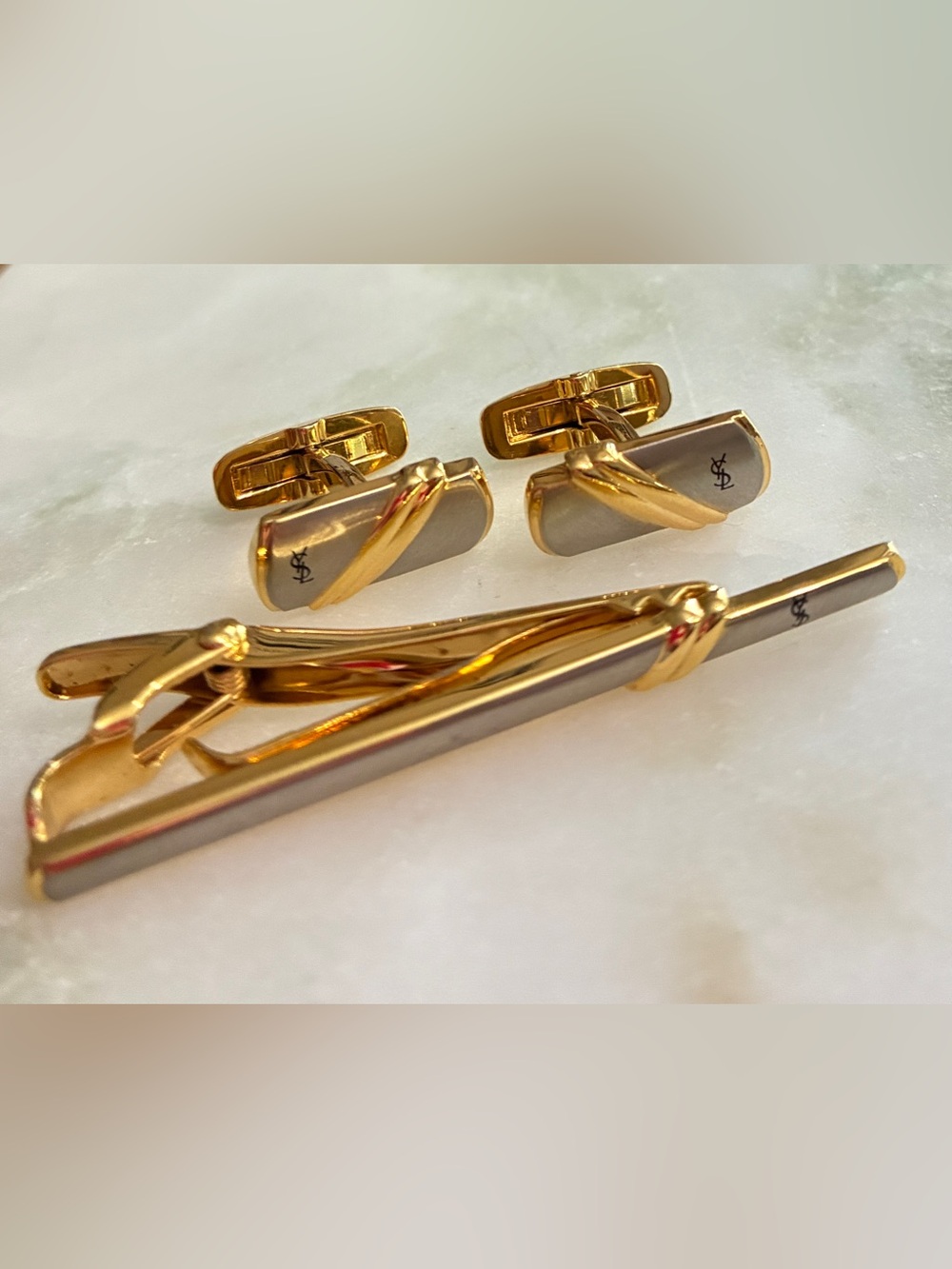 YSL Vintage Cuff Links & Tie Clip Set
